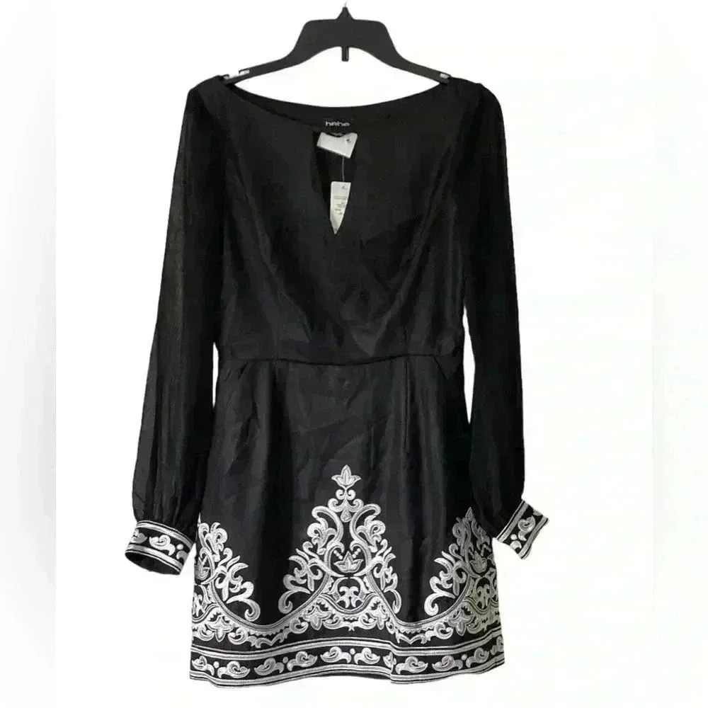 NWT Bebe Size 6 Black White Embroidered Cocktail Party Wedding Summer Mini Dress